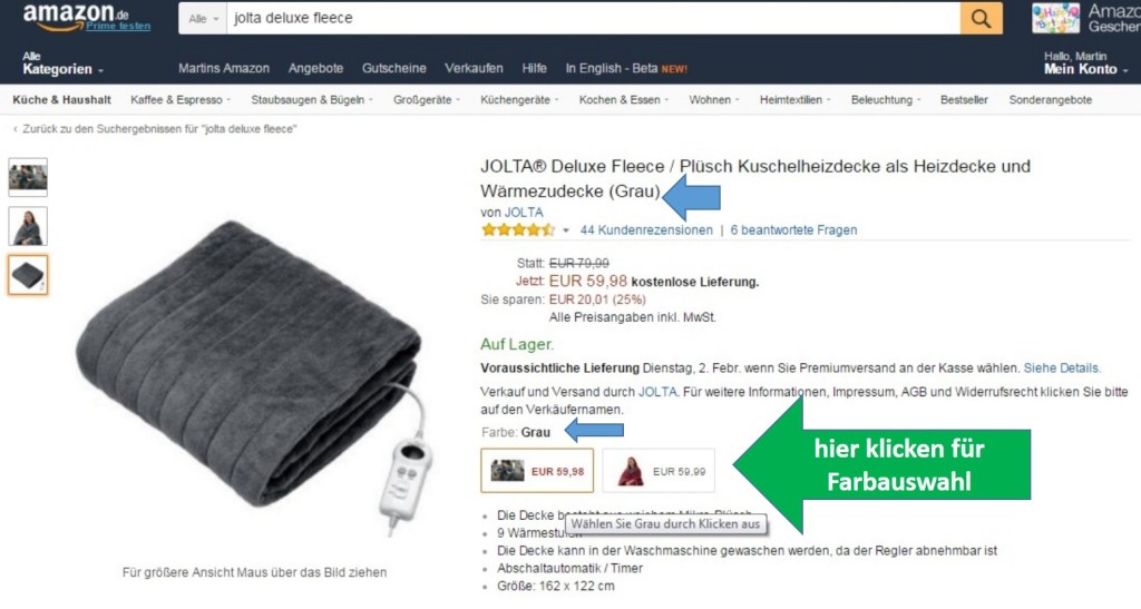 Hier wählen Sie bei Amazon.de die Farbe der Jolta Deluxe Fleece Heizdecke durch Klicken aus (grüner Pfeil). Die Anzeige Ihrer Wunschfarbe ändert sich (blauer Pfeil) und Sie könne die Heizdecke bestellen.